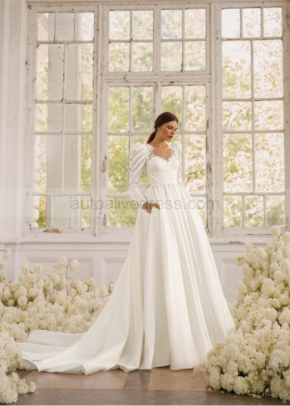 Beaded Ivory Lace Satin Wedding Dress With Pockets